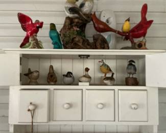 Assorted Ceramic and Resin Bird Figurines with Wall Shelf