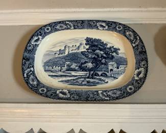 Blue Transferware Platter with Castle Scene