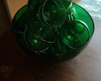 Anchor Hocking Forest Green Glass Punch Bowl Set