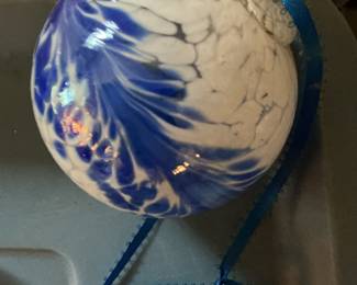 Hand-Blown Glass Ornament with Blue Swirls and Iridescence