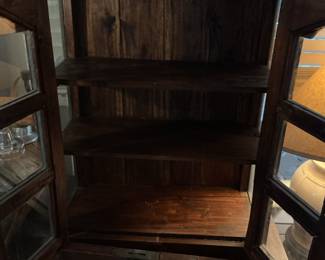 Vintage Wooden Corner Display Cabinet with Glass Doors