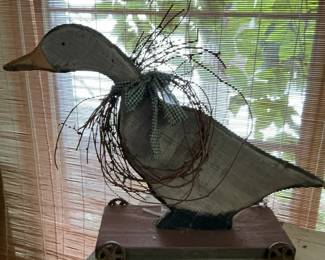 Vintage Folk Art Wooden Duck Pull Toy on Wheels