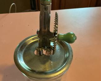 Vintage ACME Stainless Steel Herb Chopper with Wooden Handle and Rotary Food Grinder with Green Handle