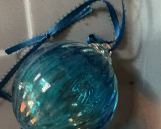Aqua Turquoise Swirled Blown Glass Ornament