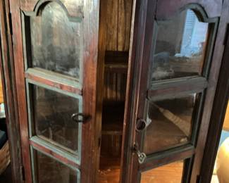 Vintage Wooden Corner Display Cabinet with Glass Doors