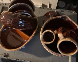 Hull Pottery Brown Drip Glaze Serving Set with Nesting Bowl and Mug