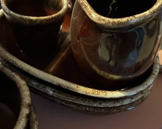 Hull Pottery Brown Drip Glaze Serving Bowls and Creamer/Sugar Set