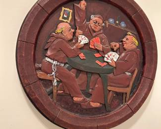 #087 wood round wall hanging of prist playing cards $20.00