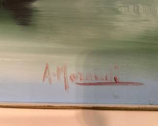 #068 Mountain lodge w lake painting 53x31" Signed $120.00