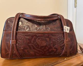 #062 Vintage handtooled leather satchel handbag interior zip pockets $20.00