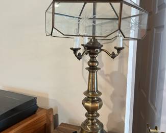 #039 Brass lamp w 3 lights, glass shade 28" tall $30.00