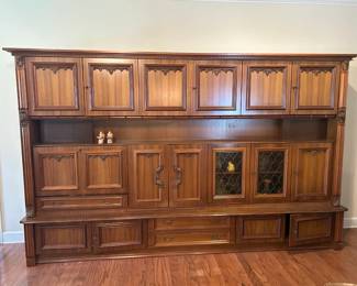 #001 German Shrunk 15 Doors, 3 drawers, 1 flip down bar area, 7 keys. Light. 4 pcs. YOU MOVE. 102x21x80" $125.00