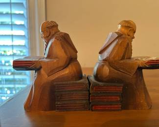 #061 Wooden Studious Monk sitting on books bookends $20.00
