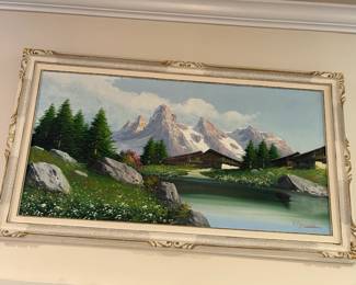 #068 Mountain lodge w lake painting 53x31" Signed $120.00