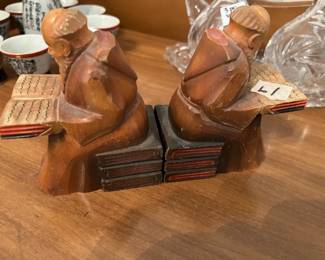 #061 Wooden Studious Monk sitting on books bookends $20.00
