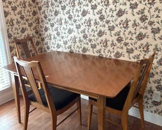 #109 Midcentury dining table w 3 chairs 55x40x30" As Is finish $75.00