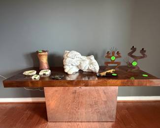 Milo Baughman Sofa Table - Rare Find. Copper Matte Raku Vase. "Heaven" Marble Sculpture by Pia