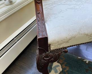 Carved Arm Chair w/ White Damask Fabric