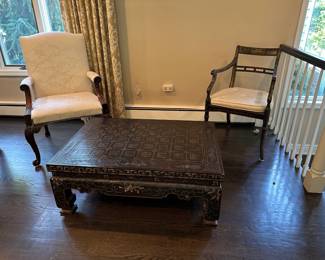 Carved Arm Chair w/ White Damask Fabric, English Regency Hand Painted Chair w/ Cane Seat & Cushion, Baker Chinoiserie Coromandel Coffee Table