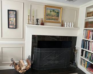Painting, Brass Candle Holders, Fireplace Screen & Tools