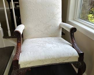Carved Arm Chair w/ White Damask Fabric
