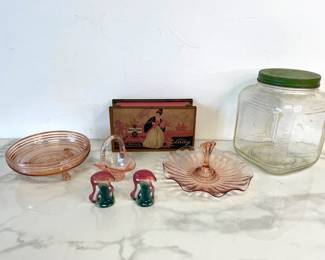 Lot 6943 Vintage Glass Jar Pink Depression Glass More