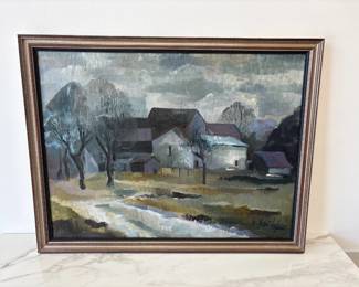 Lot 6677 Artist Signed Dark Moody Village Landscape Oil Painting Art