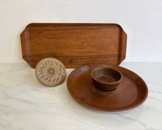 Lot 6749 MCM Swedish Wood Tray Kustom Kraft Black Walnut Chip and Dip Set Cookie Press