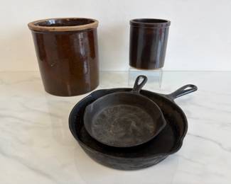 Lot 6767 Cast Iron Pans Griswold 9 in Stoneware Crocks