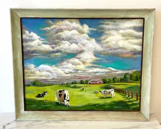 Lot 6858 Allie Cassel Signed Original Cow Farm Landscape Oil Painting Art