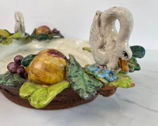 Lot 6785 Vintage Italian Majolica Centerpiece Bowl w Swans Fruit