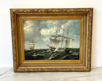 Lot 6852 Vintage Robert Sanders Signed American Sailing Ship Original Oil Painting Art