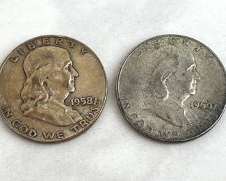 Lot 6655 1958 1960 90 Silver Ben Franklin Half Dollar US Coins