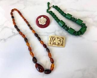 Lot 6867 Vintage Amber Bead Necklace Celluloid Brooches