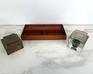 Lot 6913 MCM Teak Desk Organizer Vintage BrassGlass Ink Wells