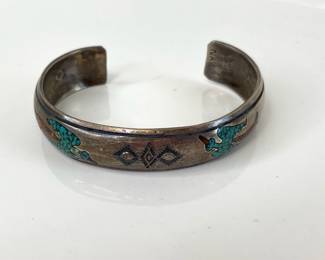 Lot 7022 Vintage Nakai Navajo Sterling Silver Bird Inlay Cuff Bracelet Jewelry