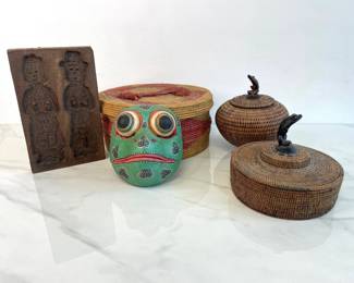 Lot 6889 Hand Woven Baskets Hand Carved Frog Mask German Ginger Bread Mold