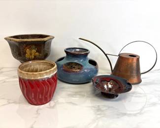 Lot 6726 Artist Signed Pottery Planters CopperBrass Watering Can More