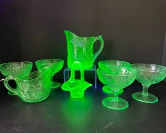 Lot 6950 Green Uranium Glass SugarCreamer Sherbet Cups Basket