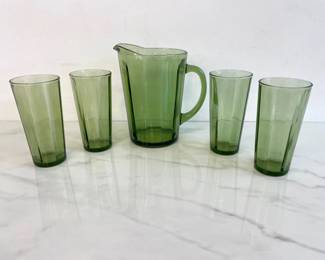 Lot 6955 Vintage Hazel Atlas Glass Pitcher Glasses