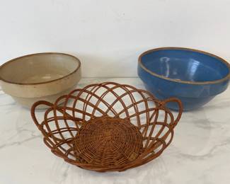 Lot 6949 Vintage Stoneware Bowls Basket