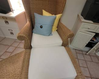 Wicker wingback chair and ottoman, 2 available