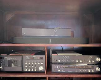 Sonos Playbase, Tandberg Power Amp 3003, Tandberg Control Amp 3002A, Tandberg 3014 Cassette Deck, & Tandberg 3001A Tuner