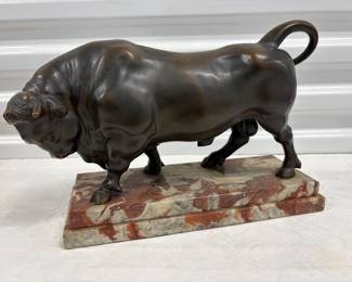 Bronze Bull Sculpture on Marble Base 