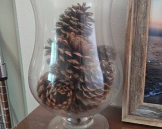 Large Glass Hurricane Vase with Pinecones