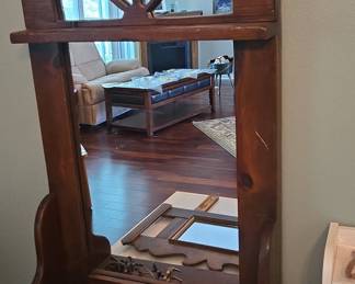 Vintage Wooden Hall Tree Mirror with Shelf