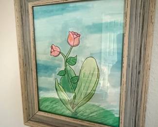 Framed Watercolor Painting of Two Pink Roses