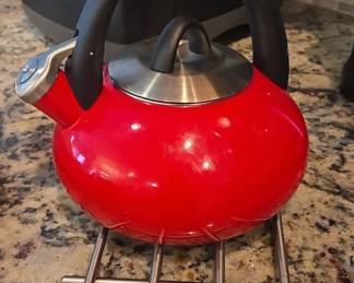 Red Whistling Tea Kettle with Trivet