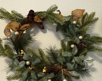 Artificial Christmas Wreath with Pine Cones and Burlap Bows