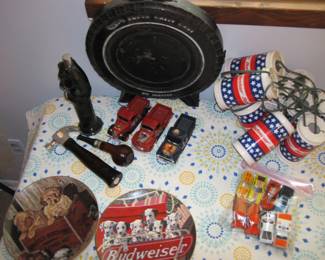 Vintage Budweiser Plates, Lights, Matchbox Cars, Hotwheels Tire Case